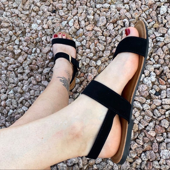 New Black Ankle Strap Vegan Suede Sandals WIDE - Picture 3 of 9